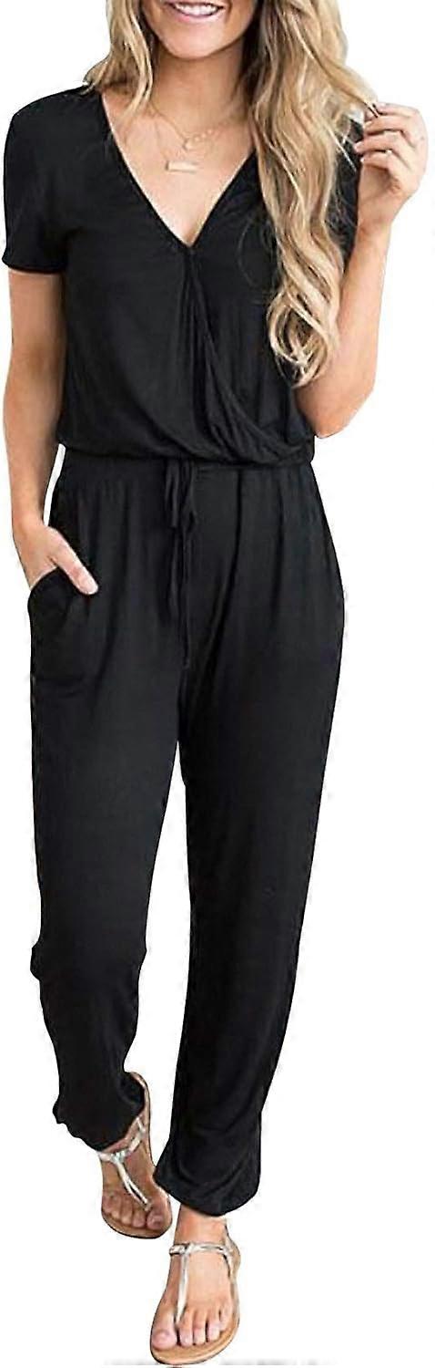 Women's Summer Casual Deep V Neck Short Sleeve Wrap Drawstring Waist Jumpsuit black L