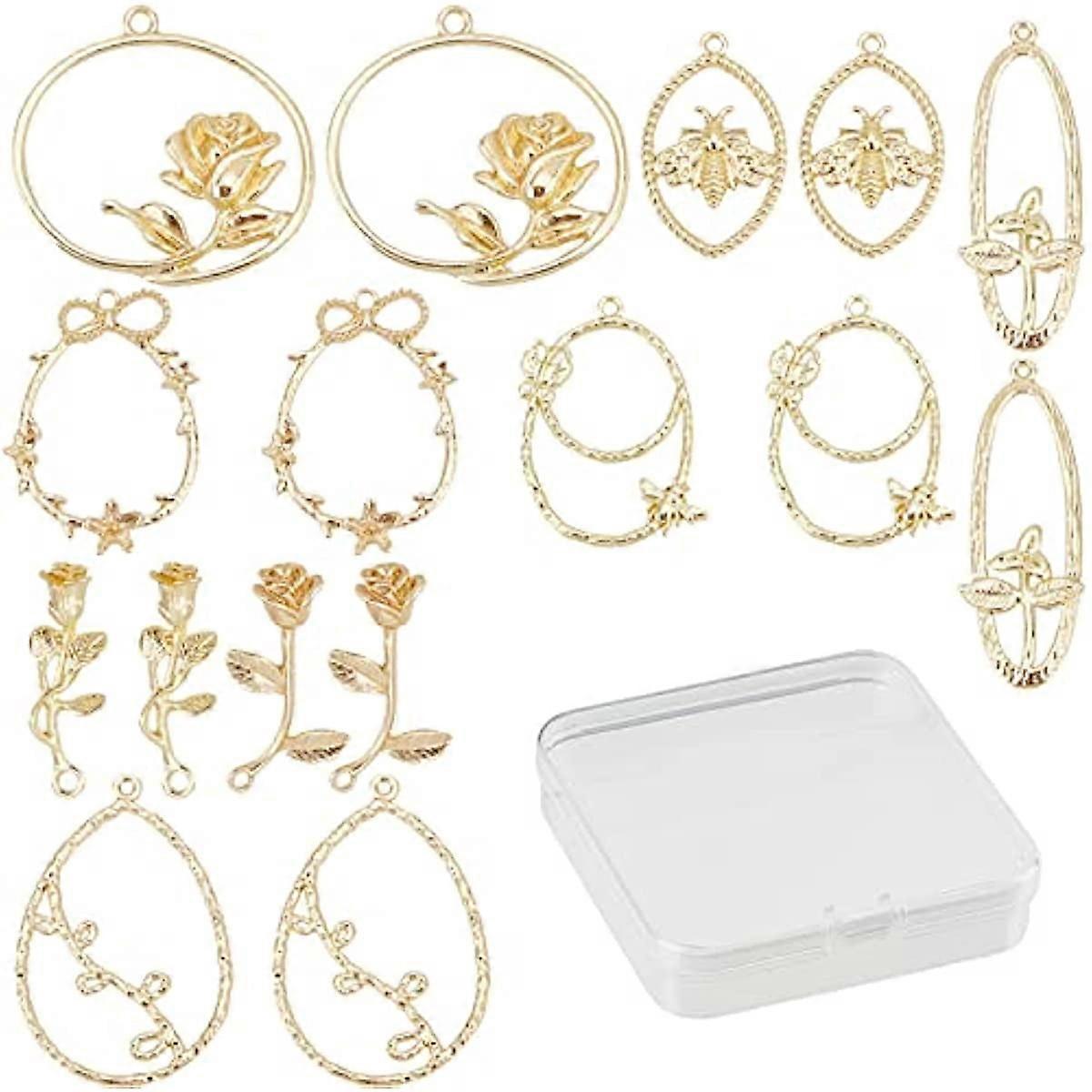 16Pcs 8Styles Alloy Flower Bee Charms Oval Butterfly Open Back Bezel Pendants Rose Flower Teardrop Shape Charm Dangles Jewelry Findings for Earring Ne