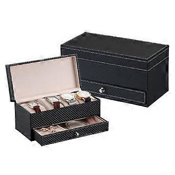 Watch Box Large 4 Slots Carbon Fiber Leather Display Glass Top with Jewelry Box Case Organizer Tray
