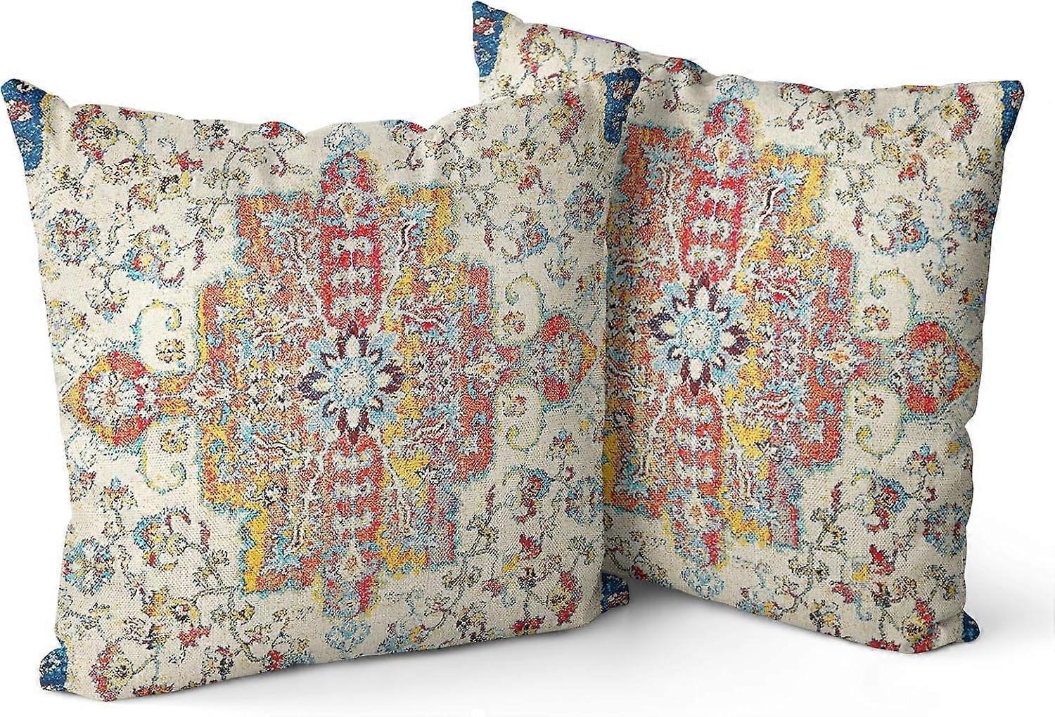 Boho Pillow Covers 16"x16" Set of 2 Monaco Bohemian Carpet Double Sided Pattern Linen Pillowcases Cushion Cover for Farmhouse Couch Sofa Bed Decorativ