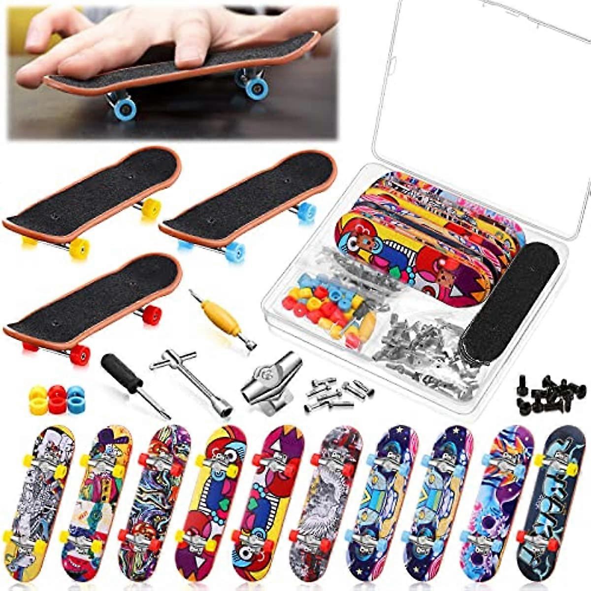 10 Pack DIY Fingerboard Kit with Box Mini Fingerboards Skateboards for Fingers Finger Board Making Kit Finger Skateboard Kit with Mini Wrench Screwdri