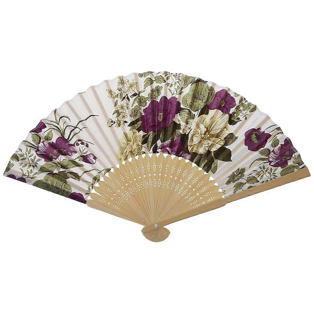 Women's Wedding Pattern Fabric Folding Hand Fan White Purple
