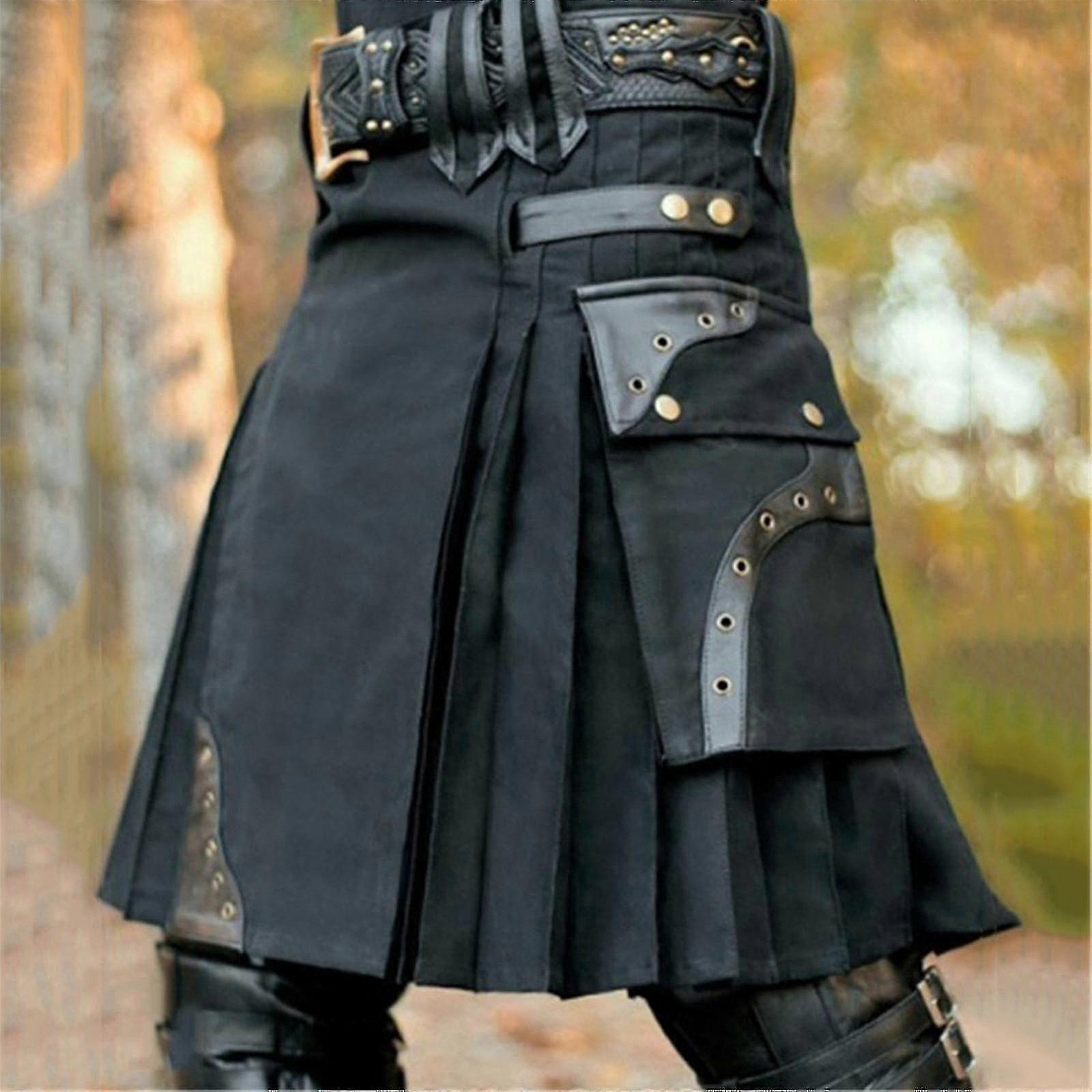2023 New Men's New Summer Scottish Skirt Pocket Plaid Contrast Stitching Pleated Skirt