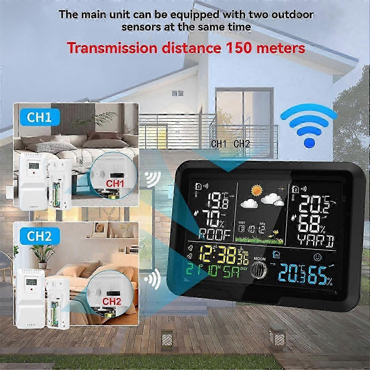 One-to-two Weather Clock Indoor Outdoor Thermometer Hygrometer Wireless Multi-function Weather Station Eu Plug
