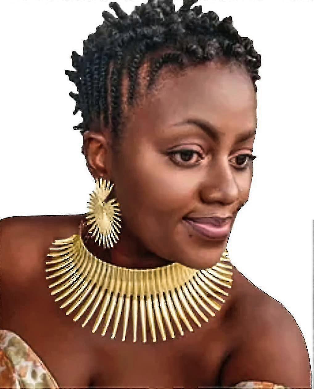 Women's African Collar Choker Necklace Earrings Set Gold Flower