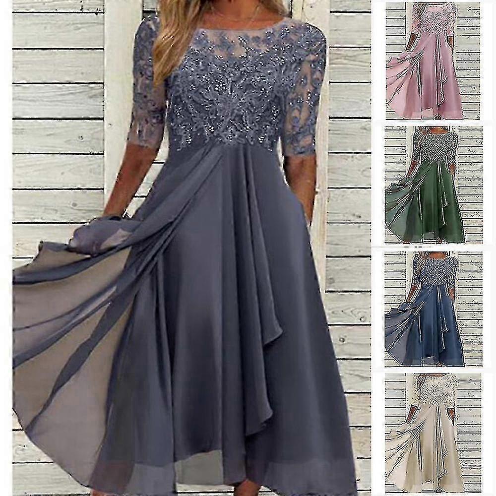 Dentelle Appliques Robe Midi Manches Courtes Robes de soirée Décontracté All Match Robe pour Mariage