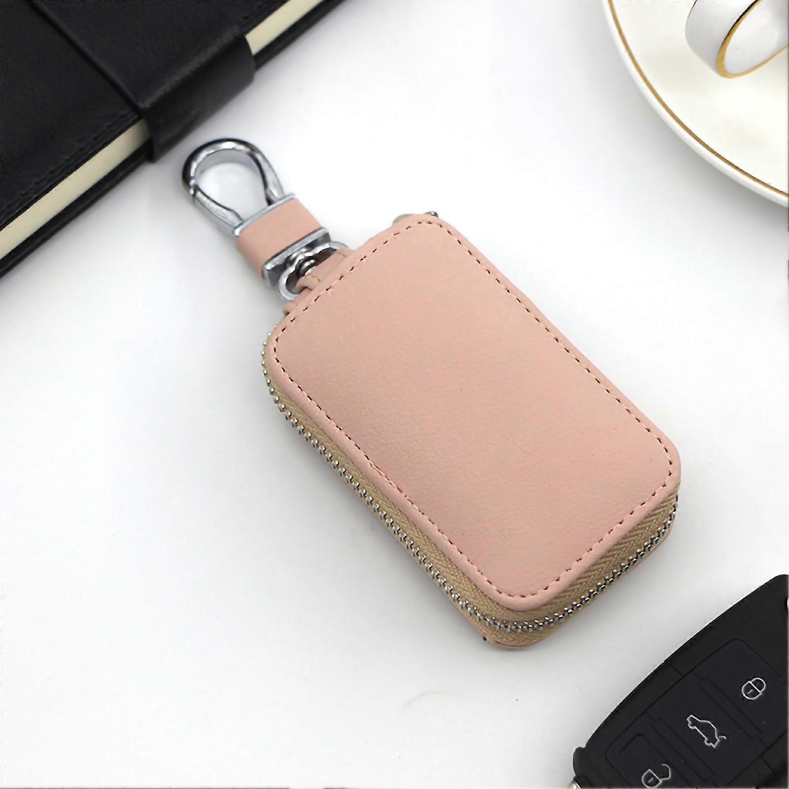 Portable Zippered Car Key Case Smoother Zipper PU Material Cute Key Holder for Storaging Carrying Key Pink