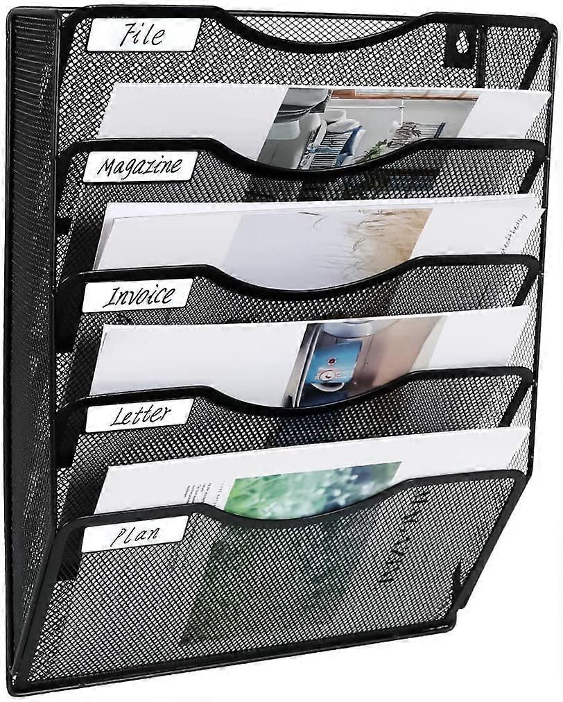 Portadocumenti da parete in rete a 5 tasche, portariviste, portaposta, portadocumenti sospeso per ufficio | Etichetta porta-nome inclusa, nero