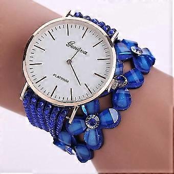 Vrouwen Ronde Wijzerplaat Bloem Diamant Studs Armband Horloge Blauw