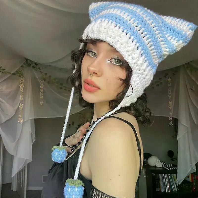 Y2K Cat Ear Hairball Beanies Hat Japanese Punk Gothic Little Devil Horns Striped Knitted Ski Wool Cap Warm Girls Women'S Hats