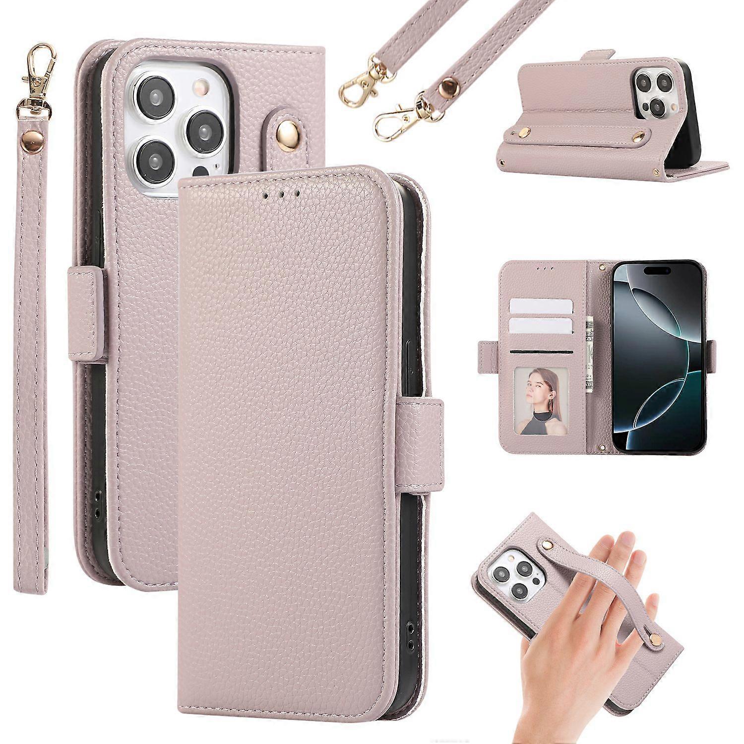 For iPhone 15 Pro Max Leather Case with Card Holder,Straps,Shockproof Wallet Phone Cover-Purple