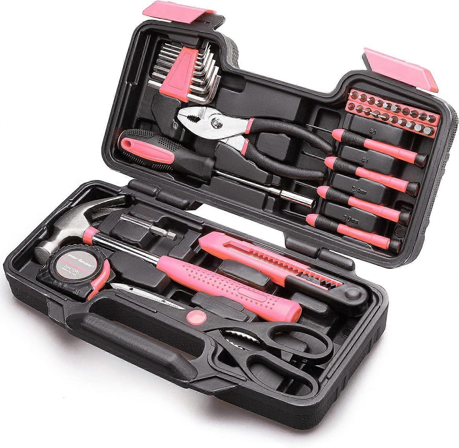 39-Piece General Household Tool Set with Plastic Storage Toolbox, Pink