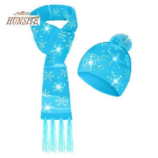 1 Set Hat Scarf Set LED Christmas Cap Snowflake Santa Elk Christmas Tree Print Bright Color Matching Unisex New Year Festive Tassel Scarf Beanie Set