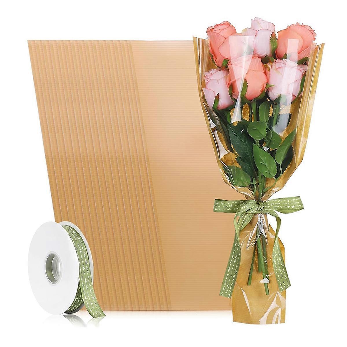 50 pieces flower packaging bags with ribbon