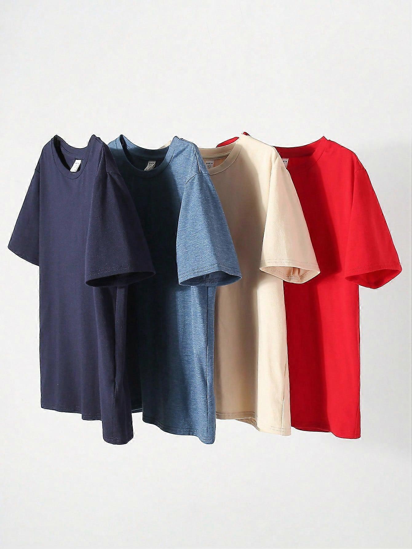 Tween Boy Casual Loose Fit Knitted T-shirts 4pcs Set - Round Neck, Solid Color, Pocket