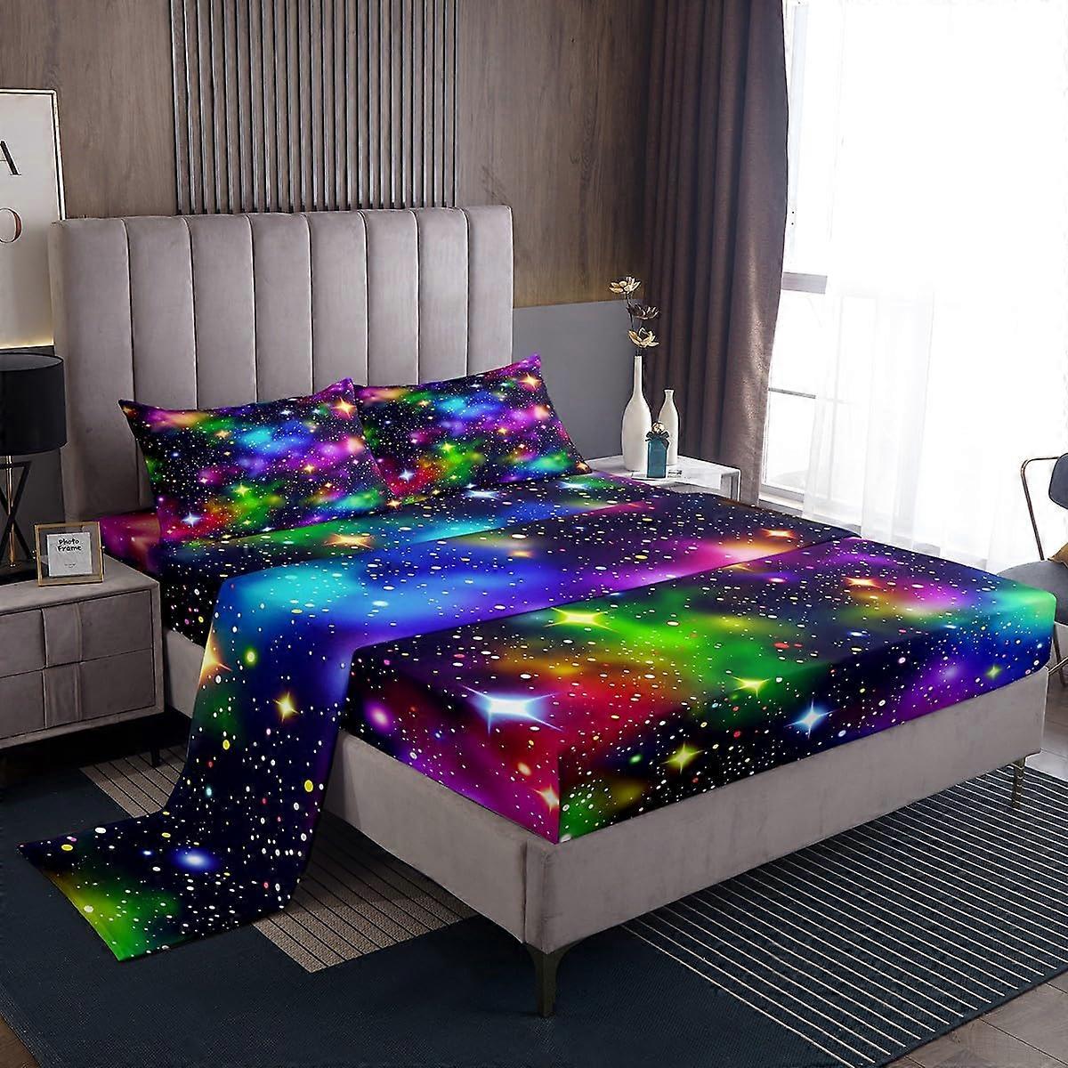 Colorful Galaxy Fitted Sheet Queen Size Space Theme Sheet Set Starry Sky Bedding 4-Piece Set Watercolor Multi