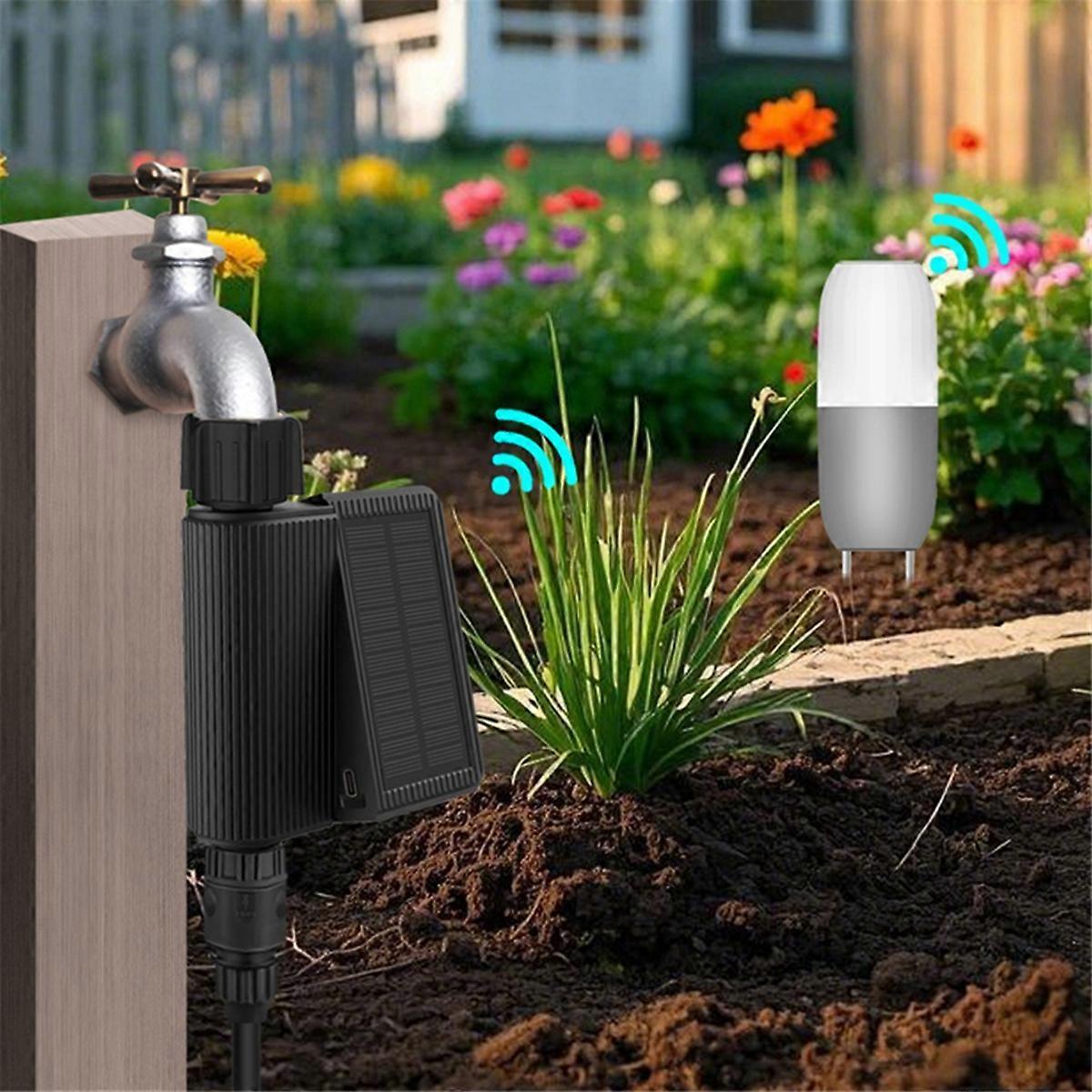Tuya WiFi Solar Powered Water Timer Meter IP65 Waterproof DN20 Inlet with Soil Temperature Humidity Sensor Detector