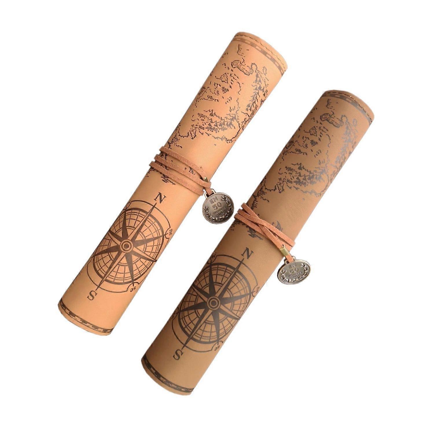 2-Pack Pu Leather Pencil Case, Light Brown Vintage Map Compass Pattern