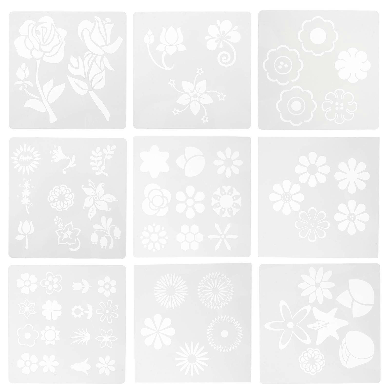 9pcs Reusable Flower Stencils for DIY Art, Drawing & Painting Projects – Durable PET Material for Creative Crafting