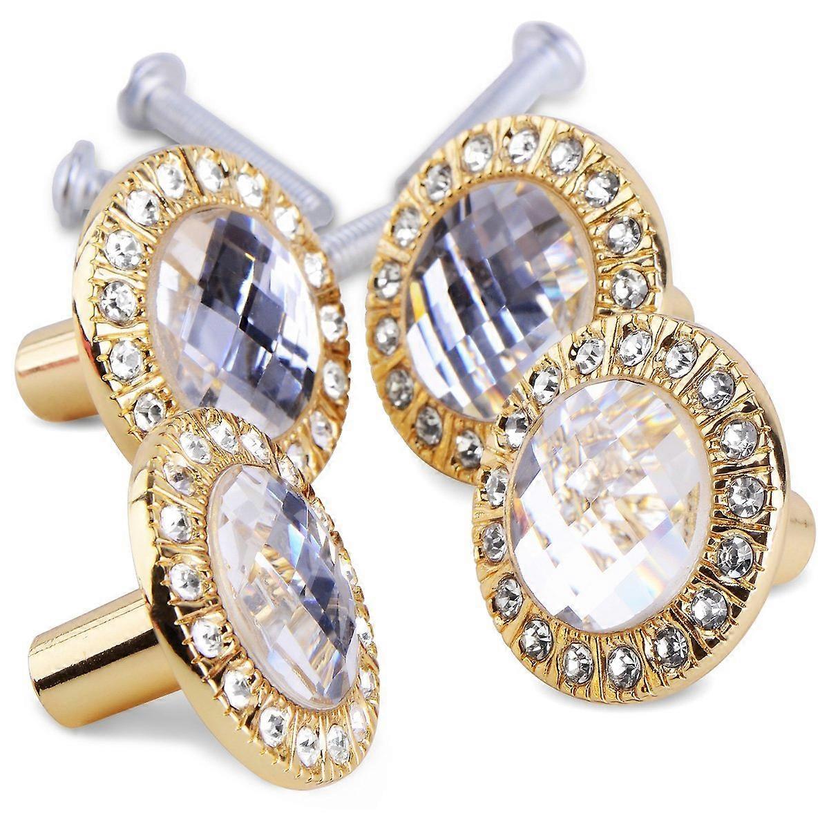 Golden Water Crystal Door Knobs for Cupboard 4Pcs Metal Pull Handles