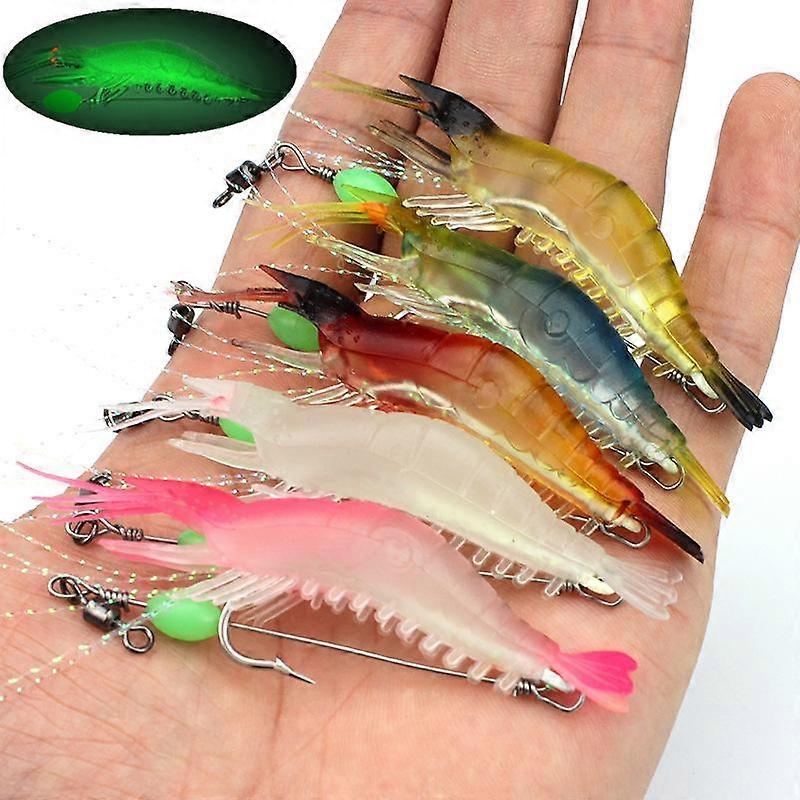 5pcs/lot 9cm 5.2g Luminous Shrimp Lures Artificial Soft Baits 5 Colors Mixed with Fishing Hooks