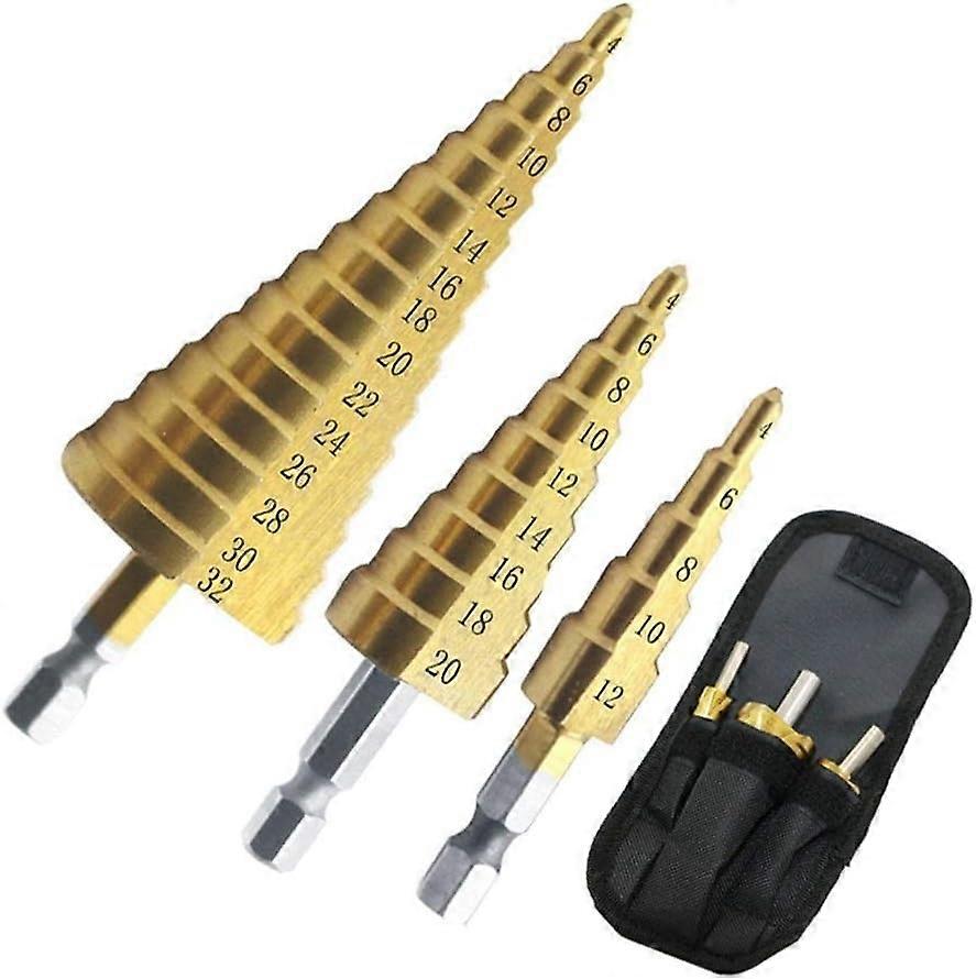 Stufenbohrer HSS Step Drill Bit Set 3-Piece, Titanium-Coated, Conical Hex Shank, Hole Cutter, Center Step Drill 4-20 mm