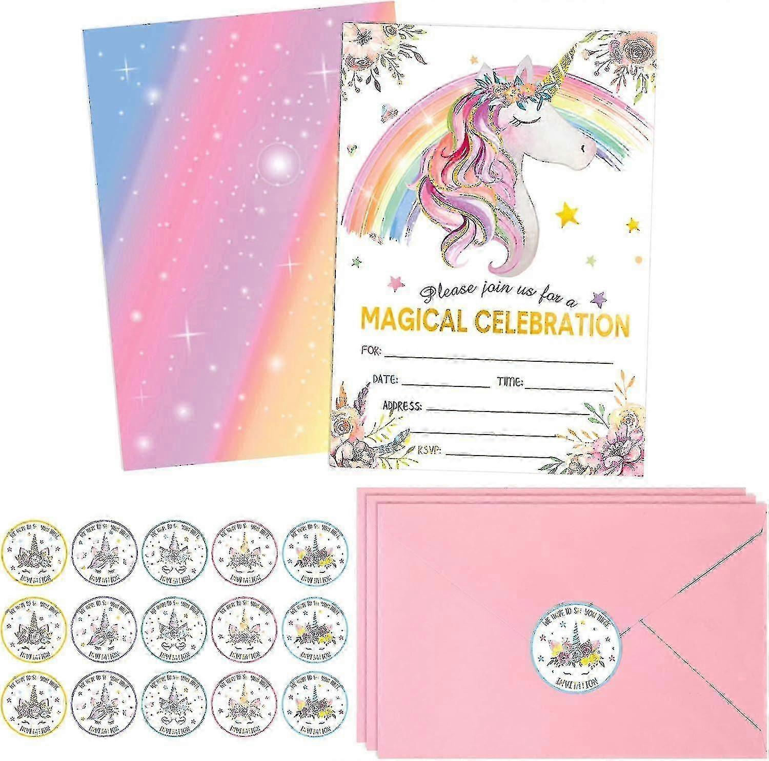 24 Pack Unicorn Birthday Invitation Unicorn Party Invitation Unicorn Invitation Card, 30 Rainbow Unicorn Sticker Labels, 24 Envelope Unicorn Party Sup