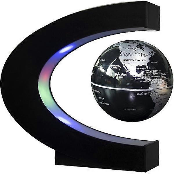 Floating Globe with LED Lights C-shaped Magnetic Levitation Floating Globe World Map for Desk Decoration (Black-Silver)