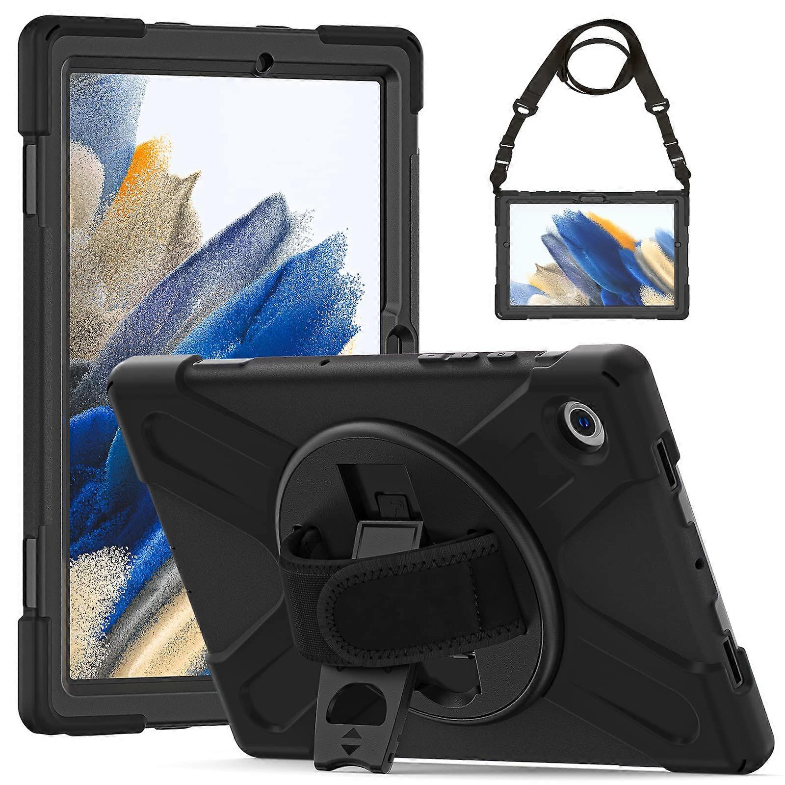 Samsung Galaxy Tab A8 10.5 Inch Case 2022 SM-X200/SM-X205/SM-X207, Shockproof Protective Armoured Case with Rotating Stand and Straps, Black