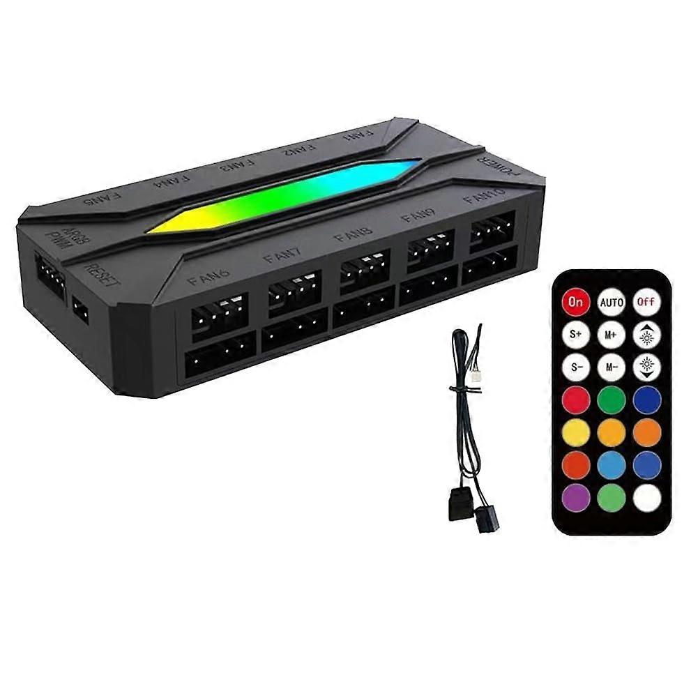 Dual Ten Way ARGB Controller Hub for Computer Cooling Fans, PWM Temperature Control, 5V 3 Pin Sync Compatibility