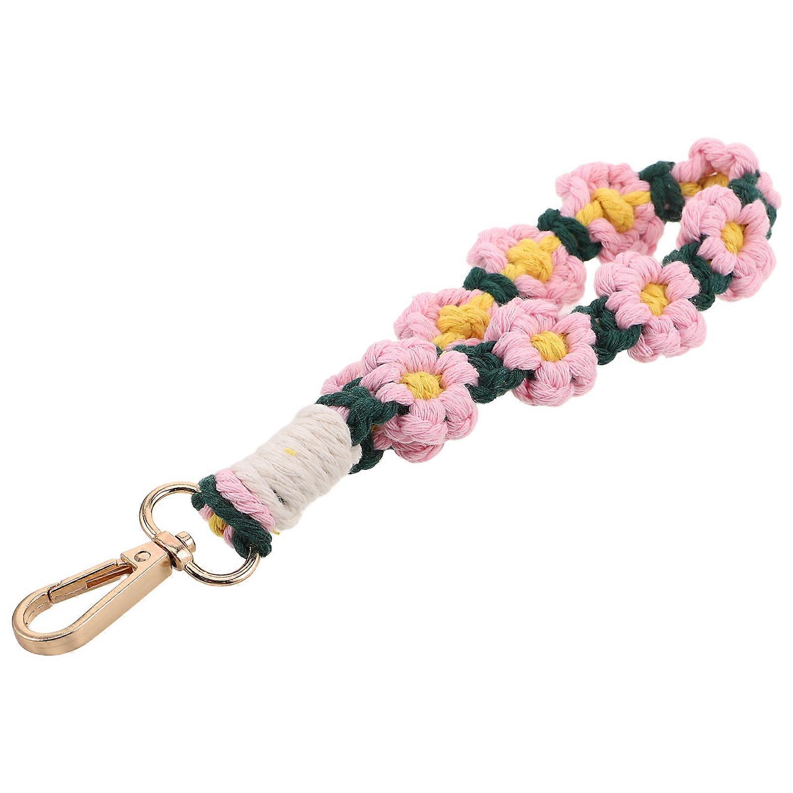Bohemian Lace Woven Wrist Lanyard Keychain with Daisy Crochet Design – Handmade Durable Wristlet Strap for Keys and Phone, Multifunctional Boho Style