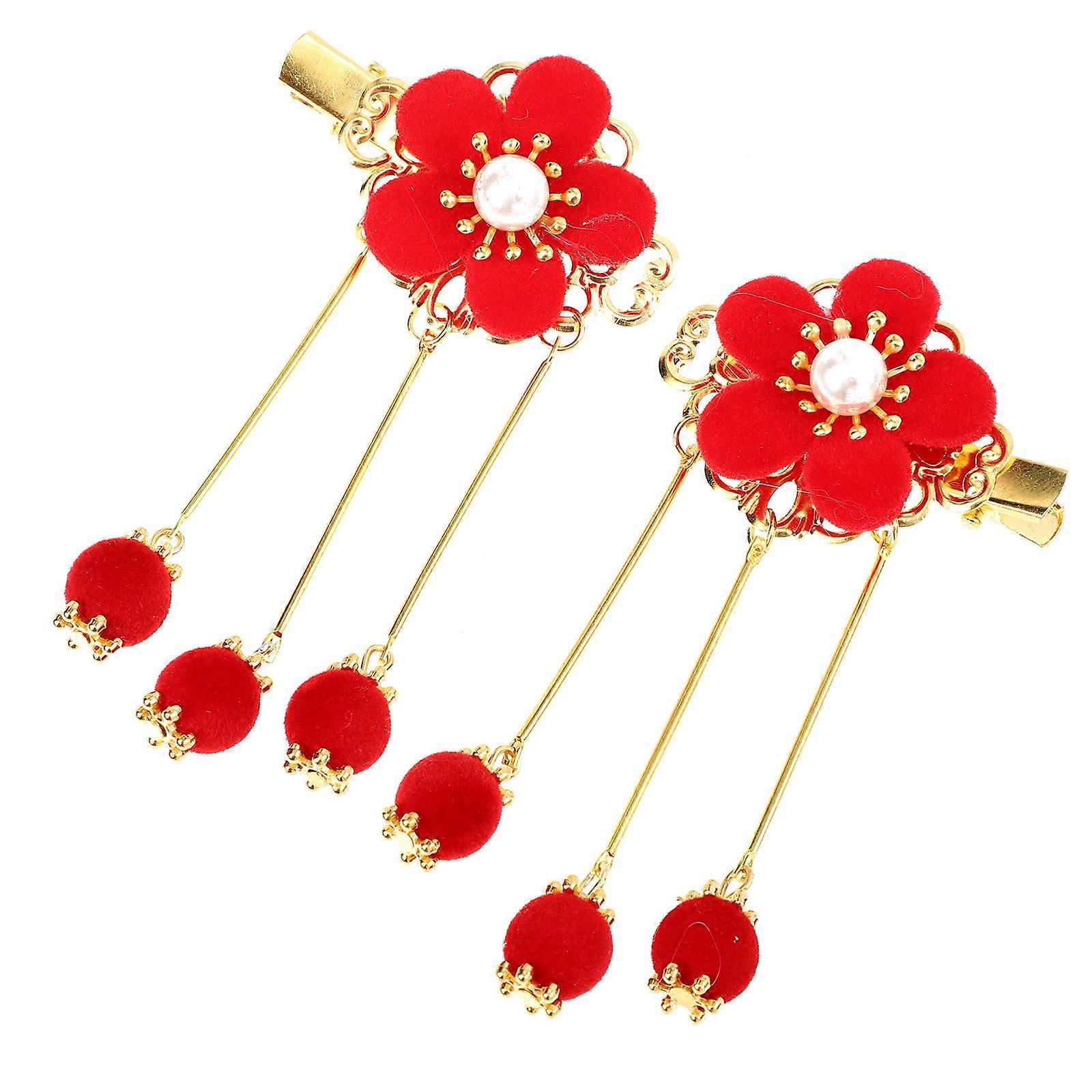 Adorable Kids Hairpins with Flowers and Tassel Design for Hanfu Decor in Red Color alloy Material