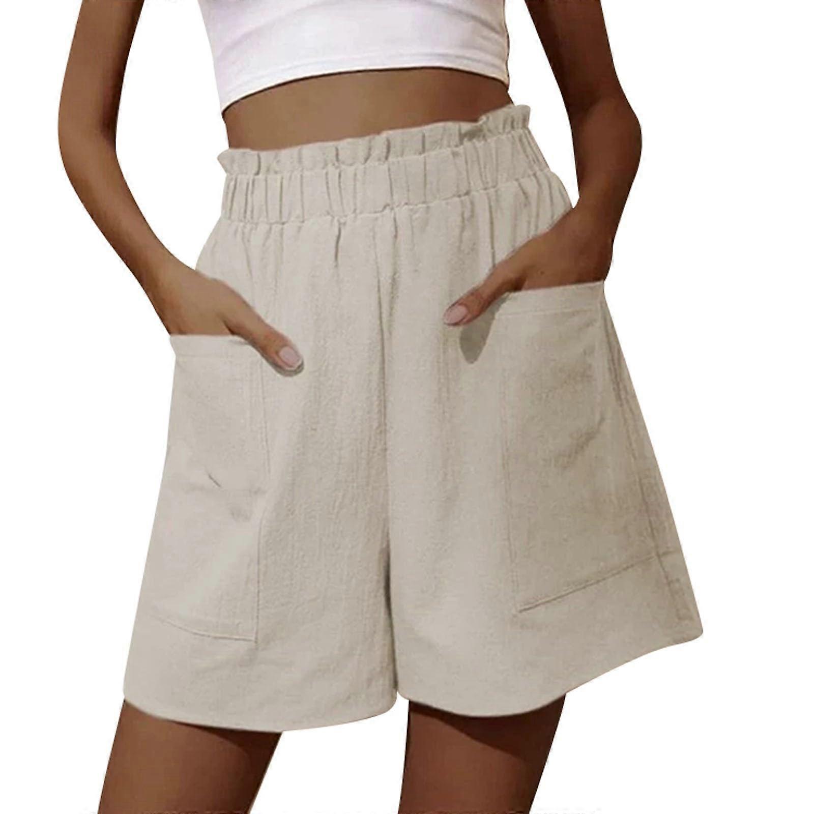 Women's Linen Shorts Elastic Waist Summer Casual Loose Fit Breathable Beige Solid With Pockets Plus Size