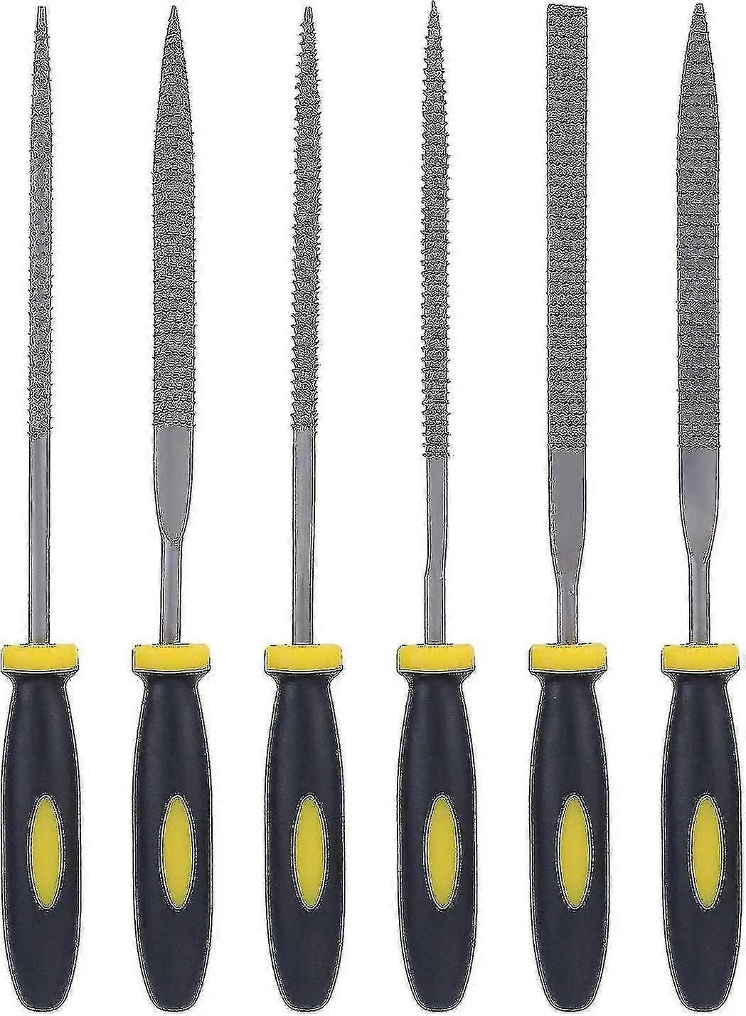 Set Of 6 Wooden Needle Files And Rasps With Soft Rubberized Handle With Different Shapes And Sizes For Carving On Wood