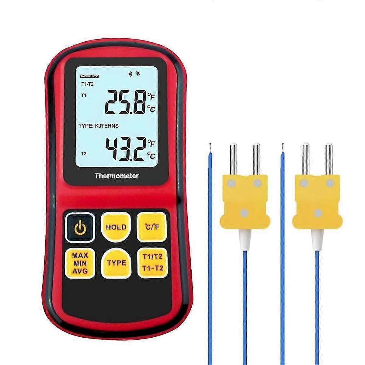 Digital Thermocouple Dual Channel Temperature Meter with K Type Probes and LCD Display