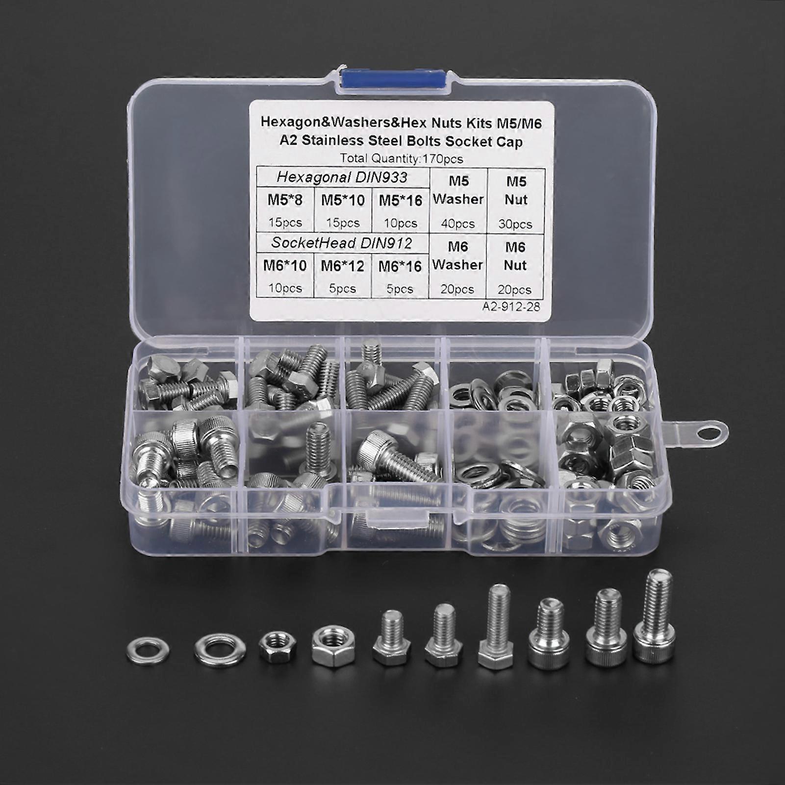 170pcs Stainless Steel M5/M6 Hex Socket Screws Nuts Washers Kit
