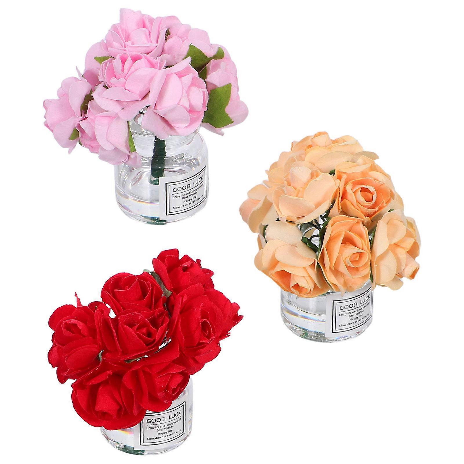 Mini Glass Rose Miniature Dollhouse Accessories for Diy Micro Landscape High Transparency Glass by 3Pcs