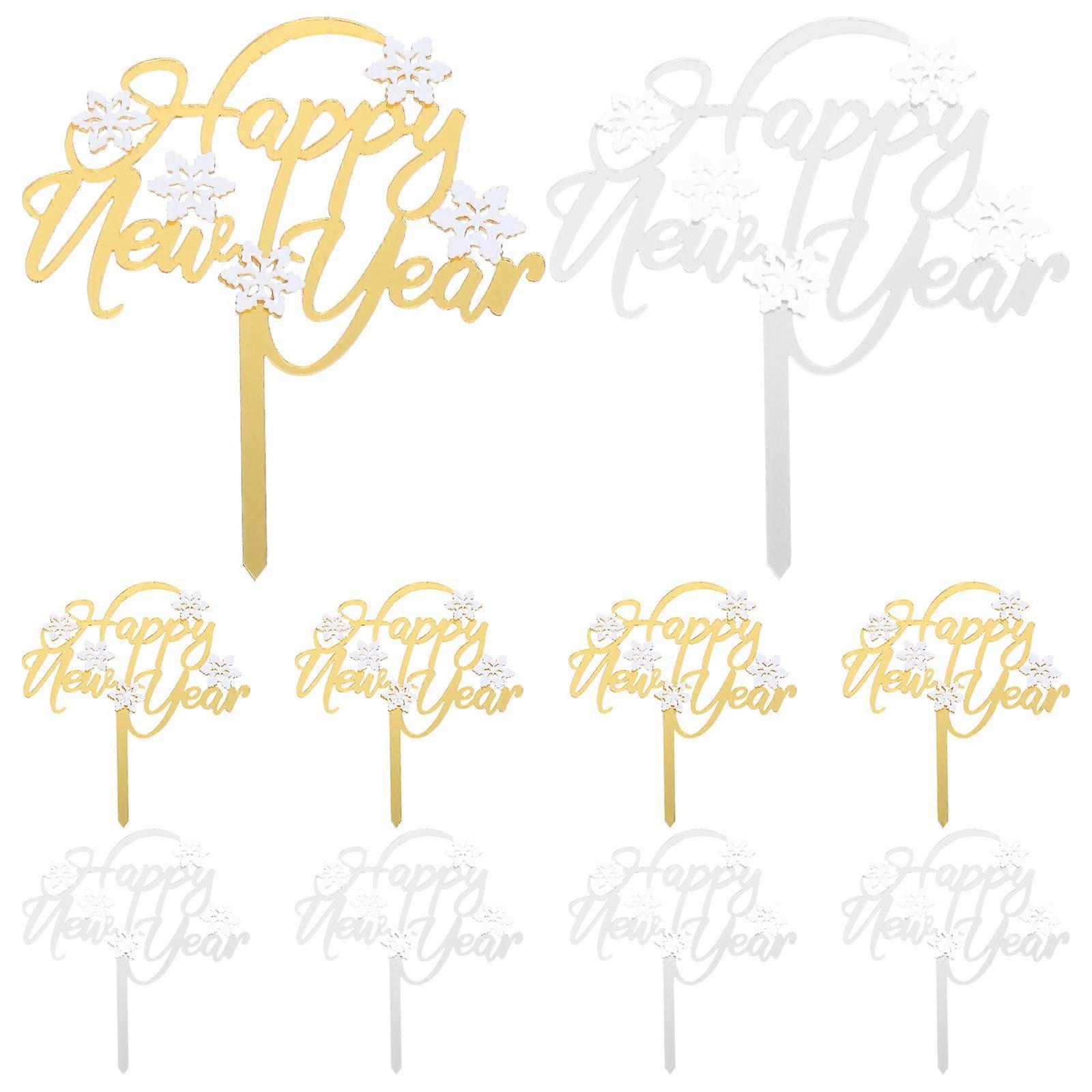 10pcs Happy New Year Acrylic Cake Insert Cards with Double Snow Design for New Year's Day