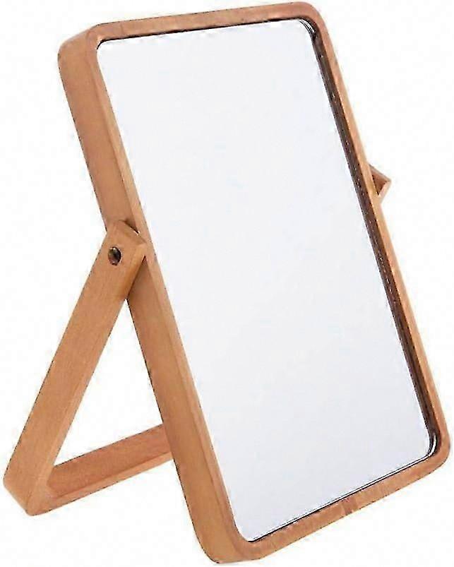 Wooden Table Mirror with Bracket, Folding HD Rectangle Free Standing Bathroom Desktop Makeup Mirror (Yellow)