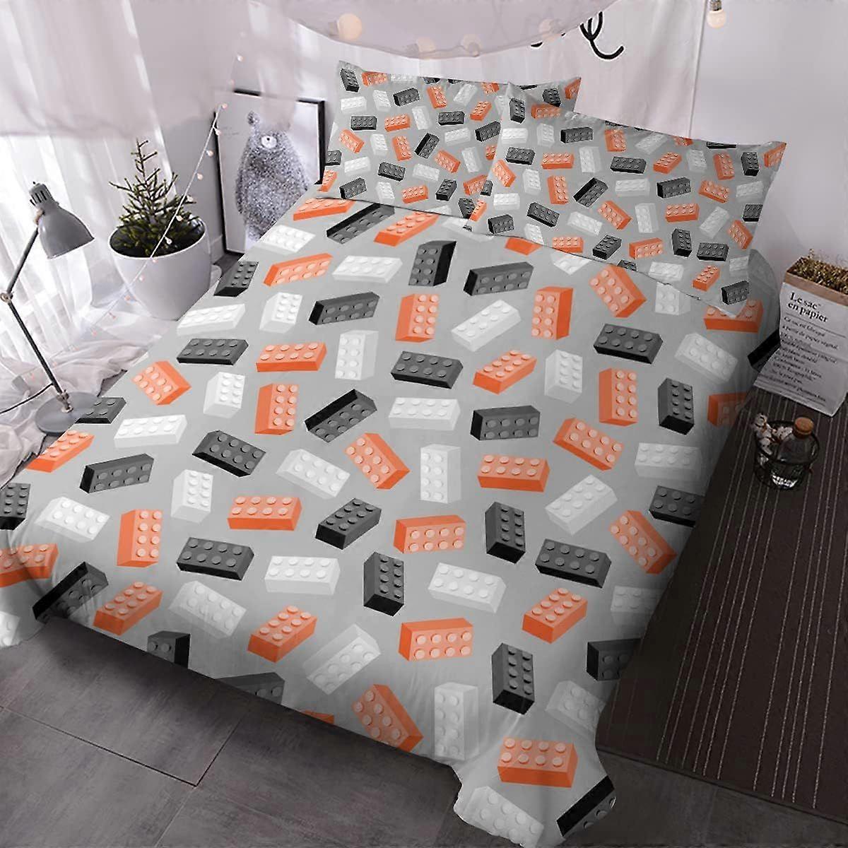 Twin Duvet Cover Set - Soft Colorful Building Blocks Bedding Set Fun Geometric Brick Pattern Comforter Cover Yellow Orange & Green - Gaming Bedspread