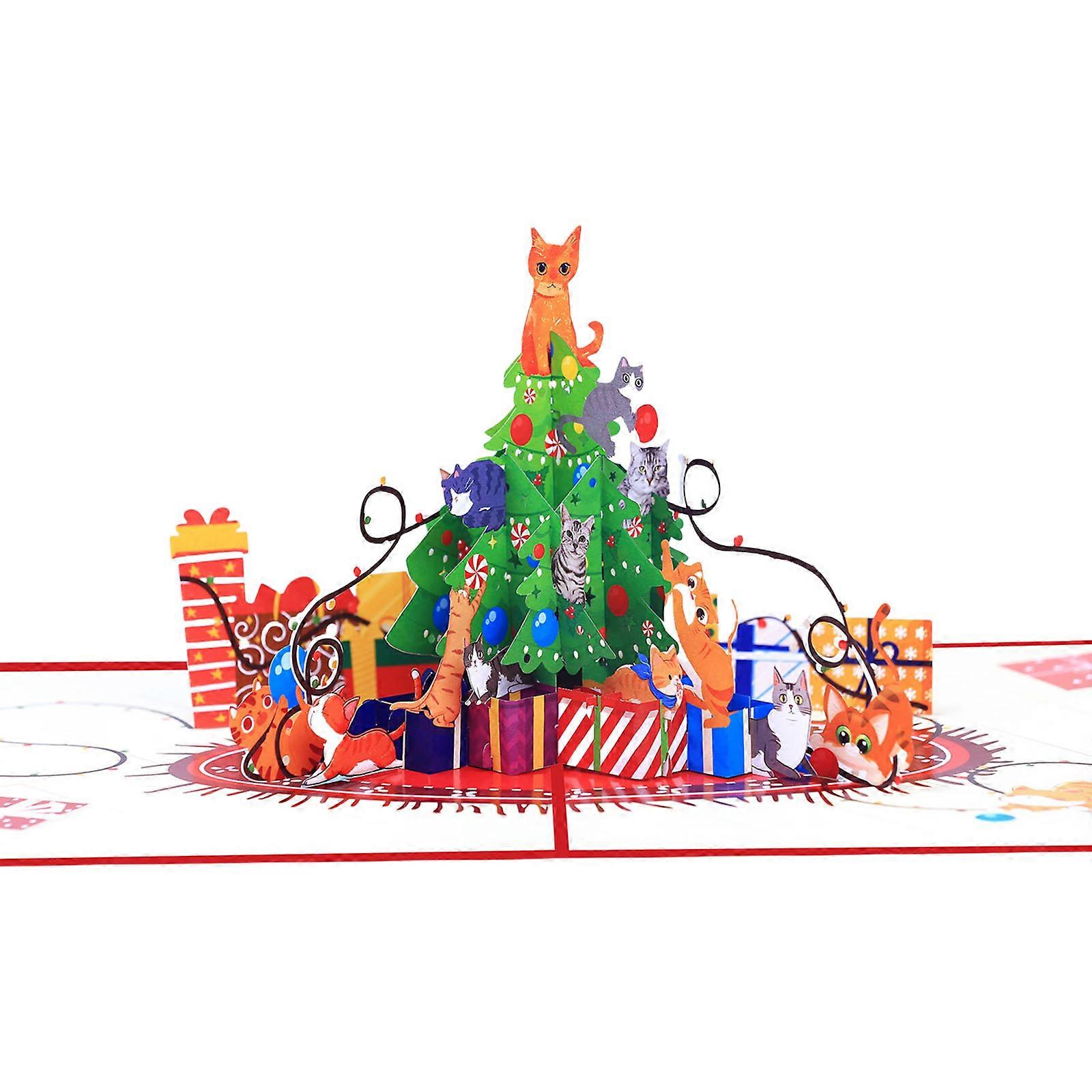 Handcrafted Greeting Card With 3D Christmas Tree Cats Design And Generous Message Area Paper Sculpture Decoration Multicolor