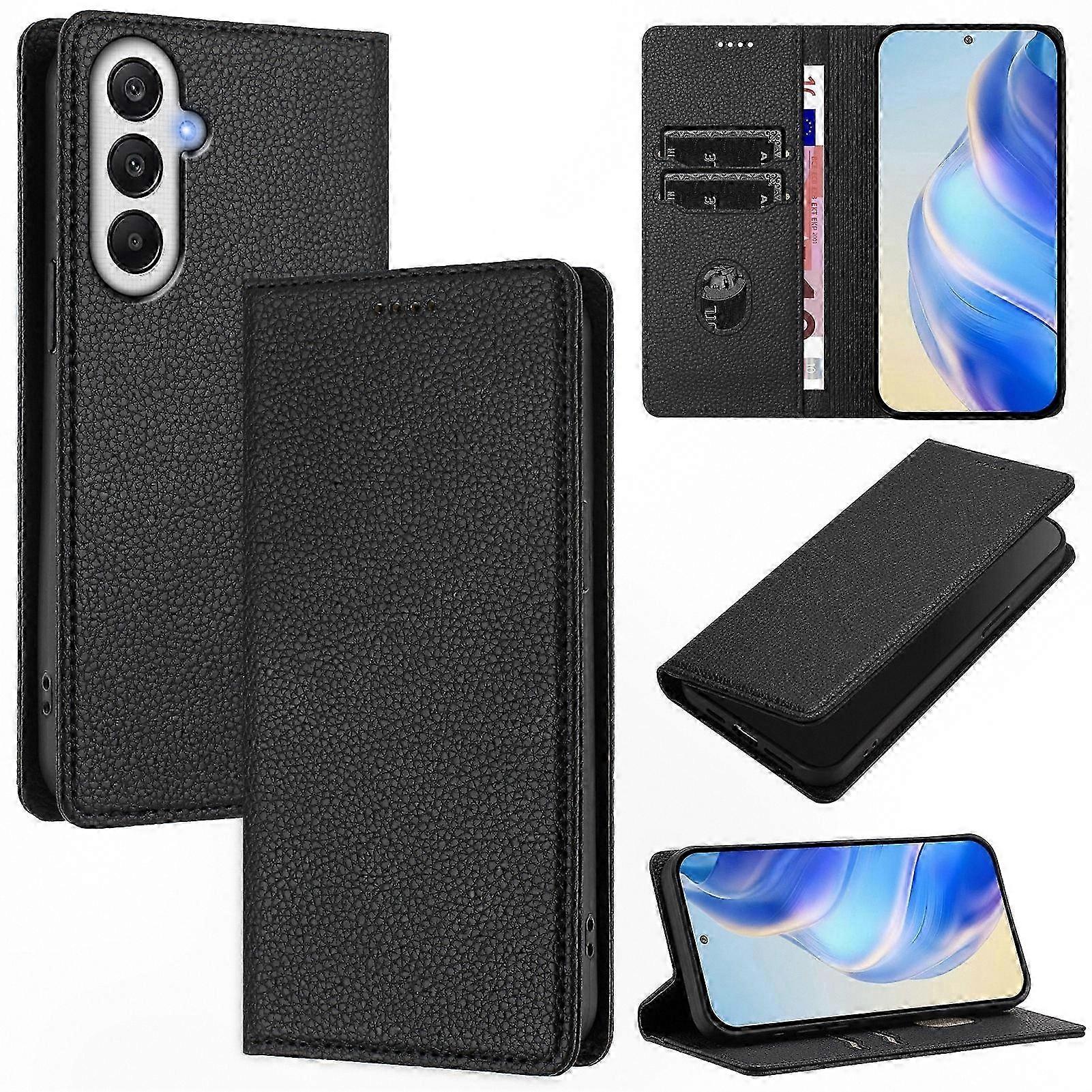 RFID Blocking Wallet Case with Litchi Leather Texture for Galaxy S24 FE Phone Cover