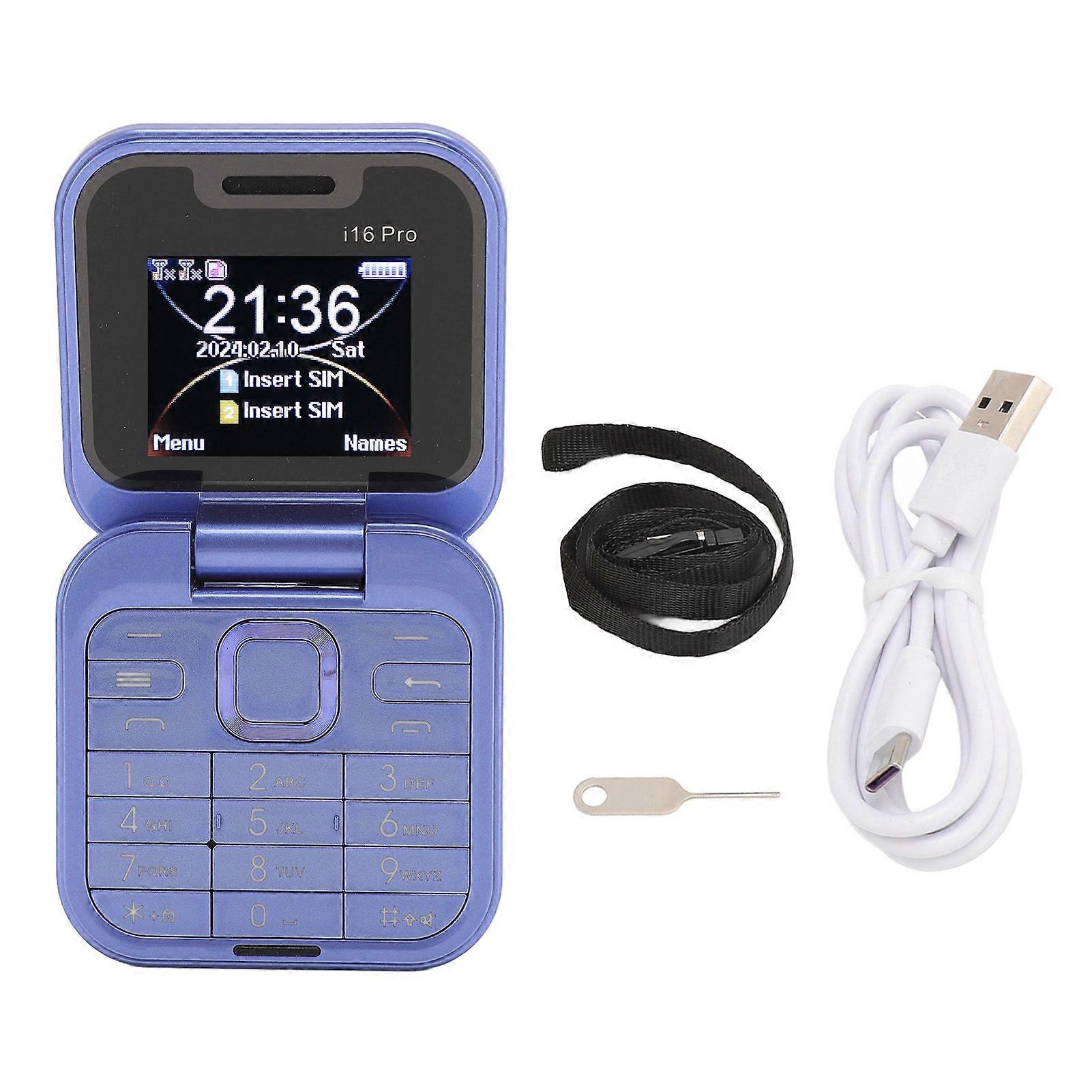 I16pro Small Flip Phone Dual SIM Dual Standby 16GB Memory Card Multi Languages 2G Pocket Cellphone for Kids Seniors Violet