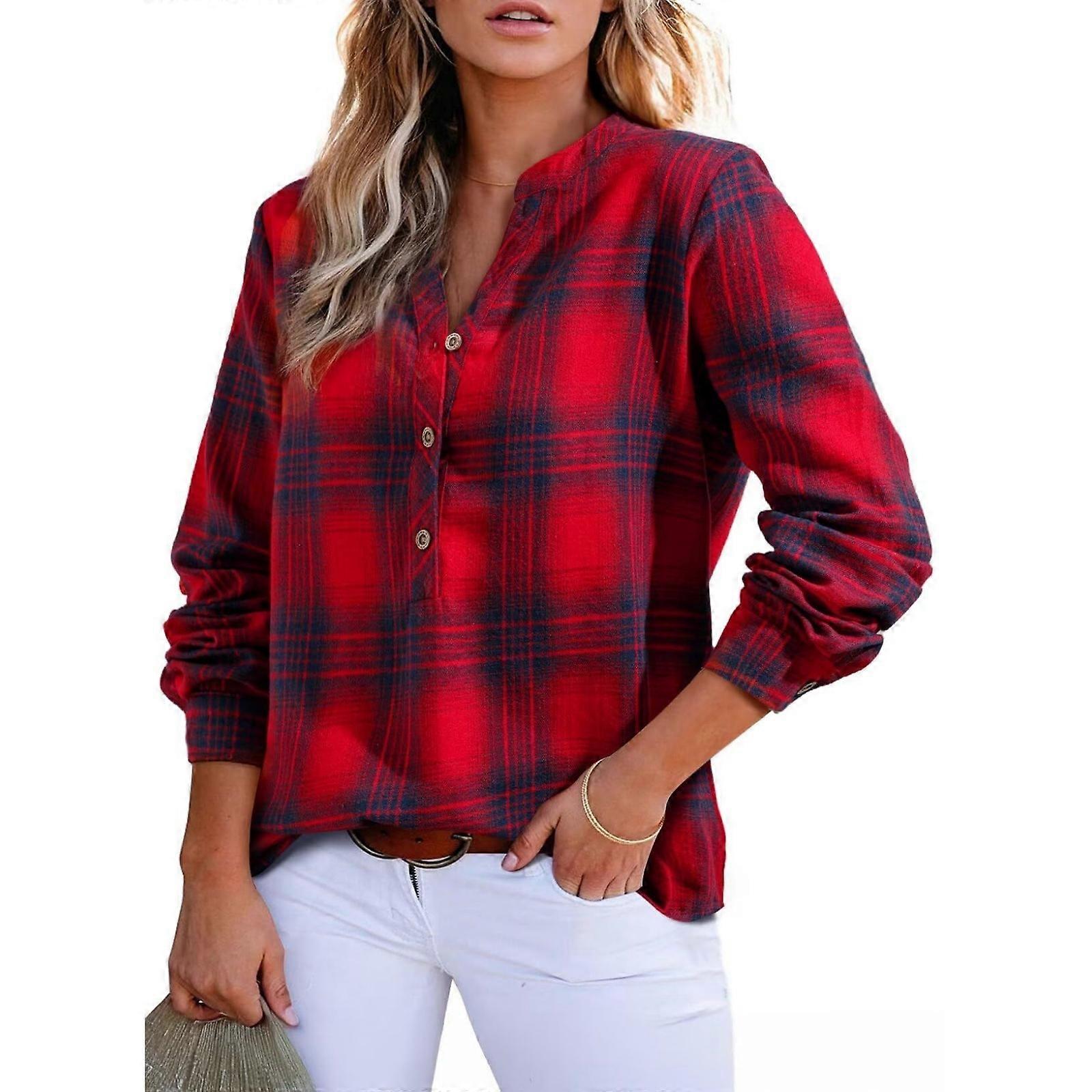Damen-Flanellhemd mit V-Ausschnitt, Knopfleiste, Langarm, Herbstkleidung, Rot, XL