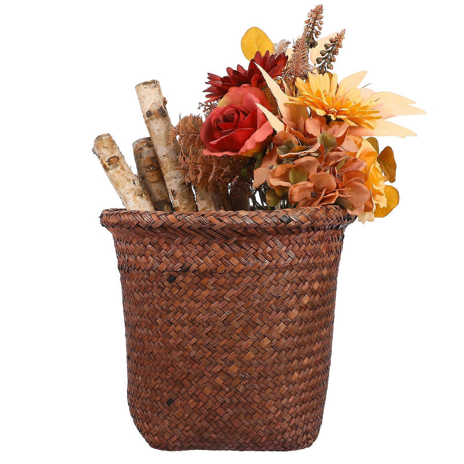 Woven Straw Waste Paper Basket For Home Use With Round Edges Stylish Design 1Pc