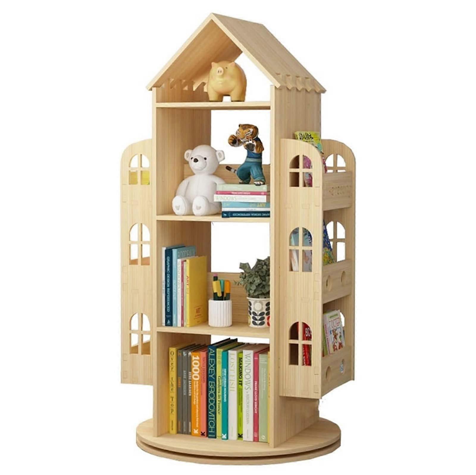 Wooden Kids Bookshelf Floor Standing 4 Tier Rotating Bookcase for Nursery Storage and Display