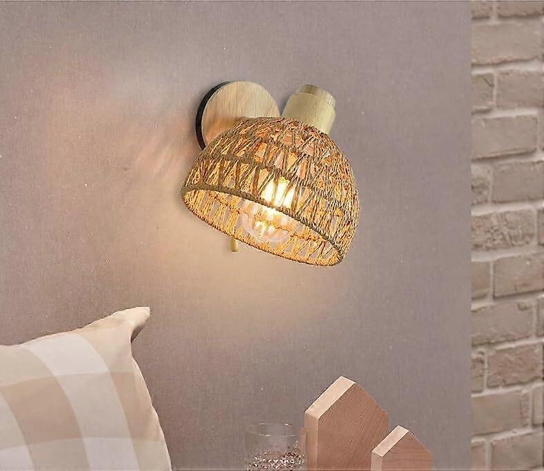 Rattan Wall Sconce with Pull Cord, Handwoven Rope Shade Farmhouse Bedside Light with Bulb