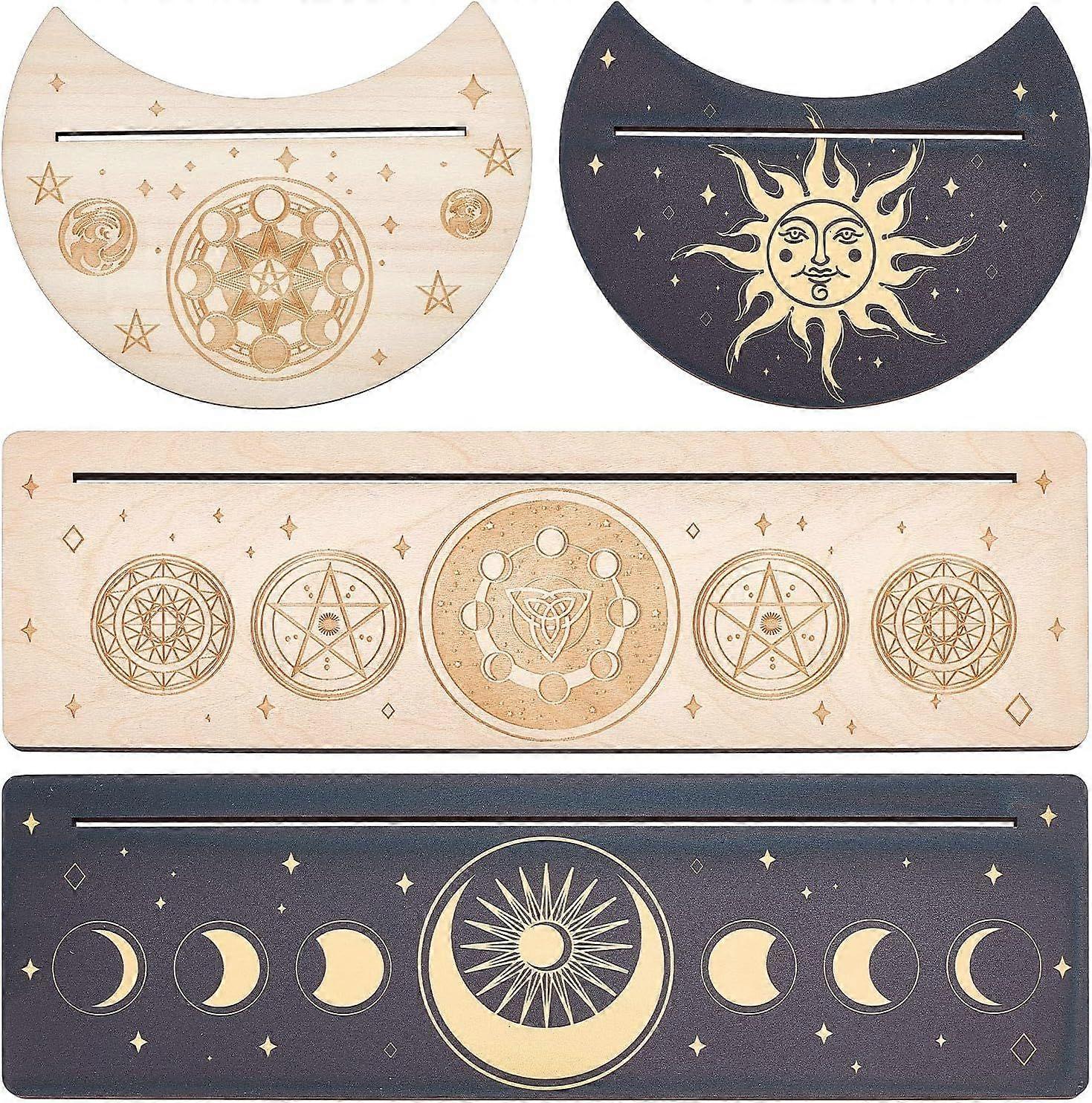 4 Pieces Wooden Tarot Card Stand Holder Moon Sun Chakras Pattern Tarot Card Black Stand Rectangle Moon Shape Tarot Card Display Holder for Divination 