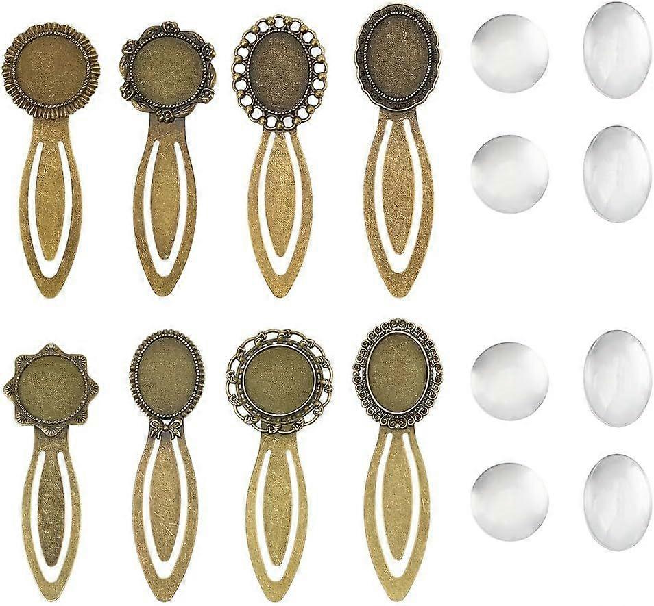 1 Box 8 Sets Bronze Bookmarks Cabochon Tray Bookmark Alloy Metal Include Books Read Blank Photo Transparent Marks Kit Bezels for Jewelry Making Charms
