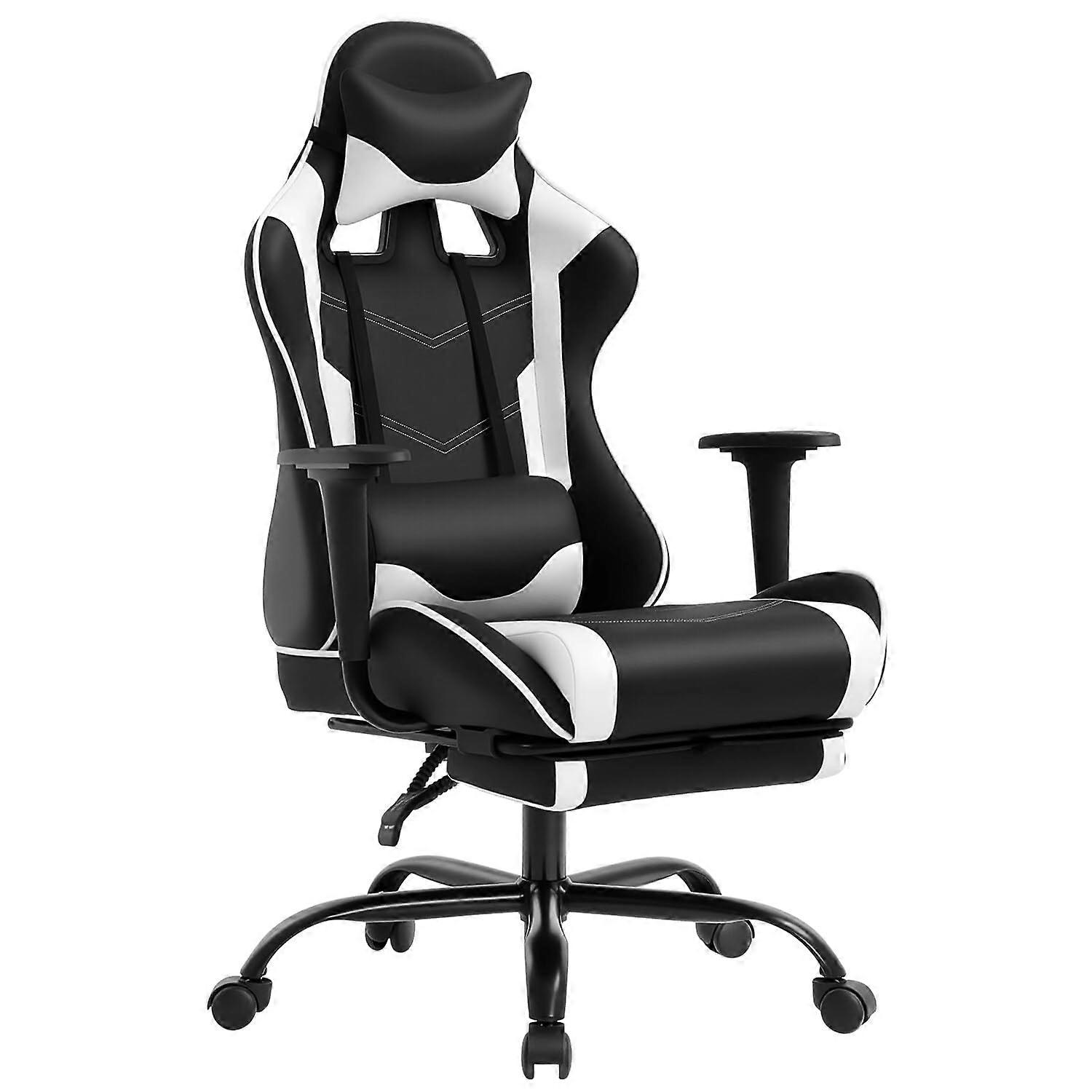White Ergonomic Gaming Chair with Lumbar Support, Reclining Backrest, Footrest and Headrest Pillow